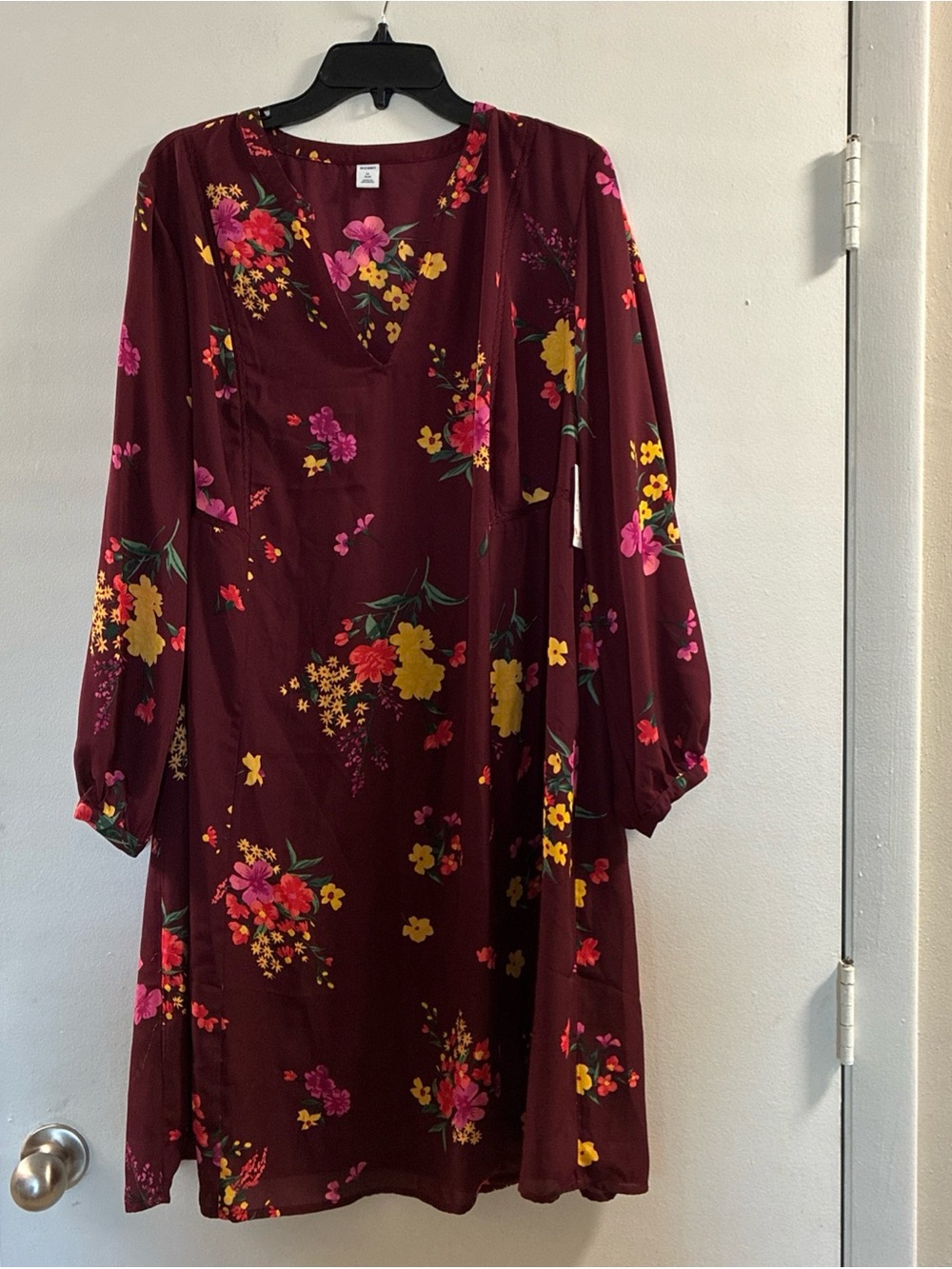 Old Navy Burgundy Floral V-Neck Long- Bell Sleeve Dress